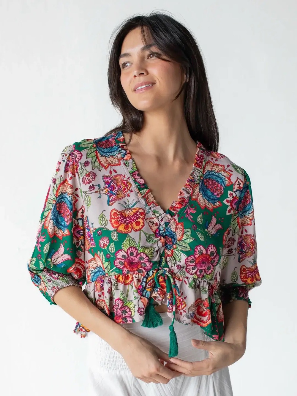 Natural Life Elisa V-Neck Floral Short Sleeve Blouse Tassel Multicolor Size XS